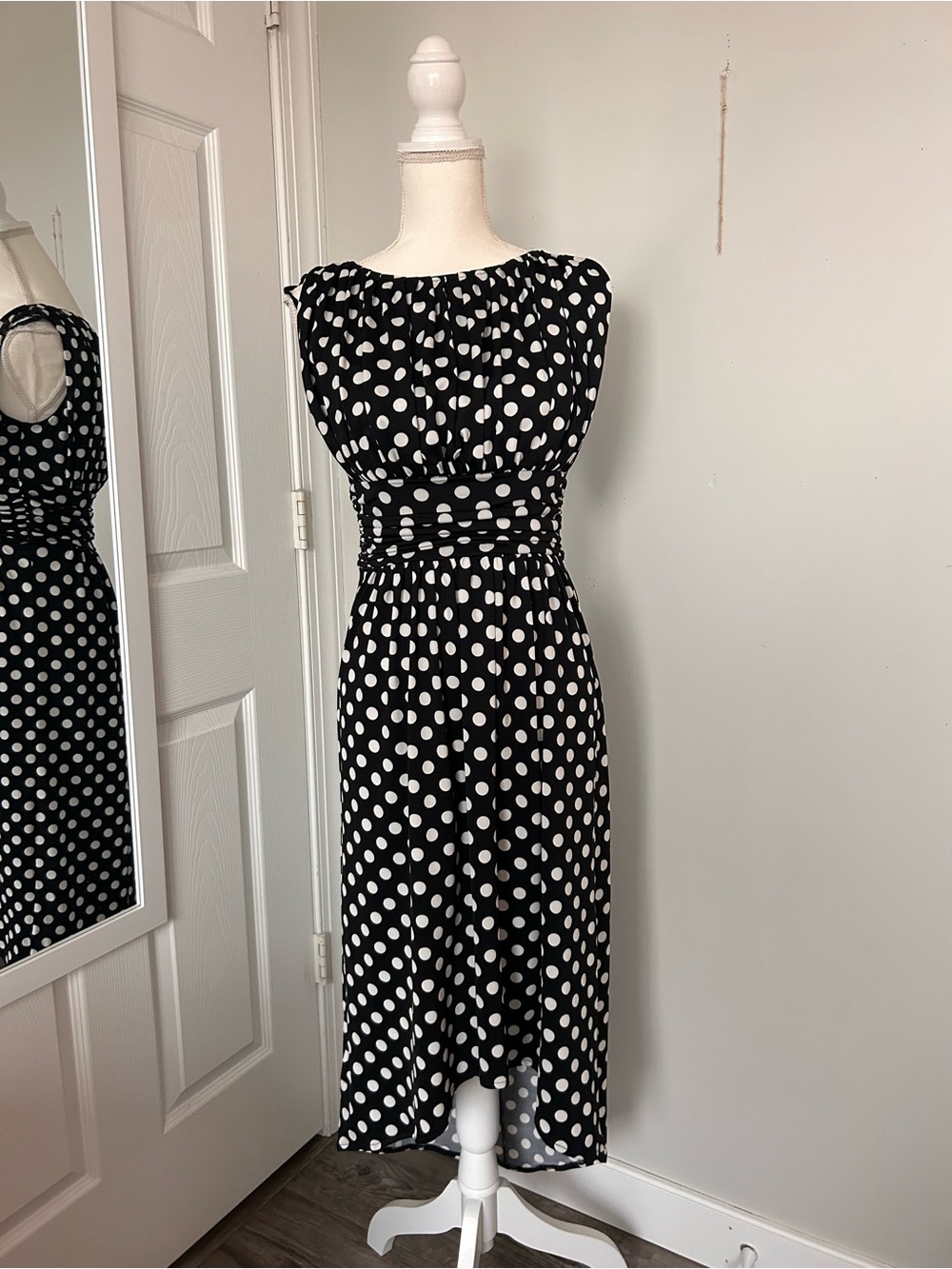 Studio Black and White Polka Dot Smocked-Waist Midi Dress